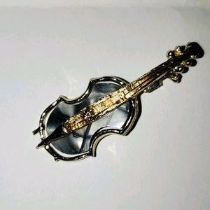 Vintage Golden Black Onyx- Silver-Gray & Gold Musical Violin Brooch